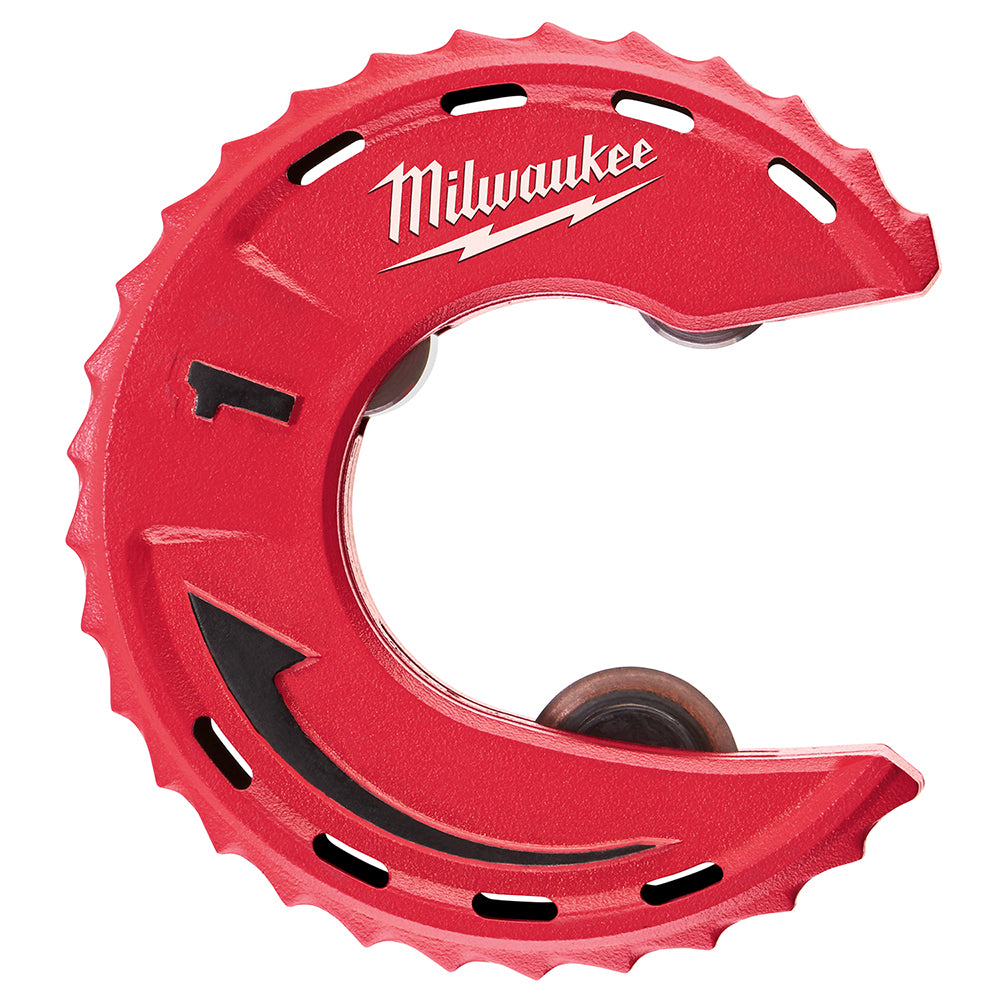Red Milwaukee close quarters tubing cutter with gear-shaped body, cutting wheel, and black accents.