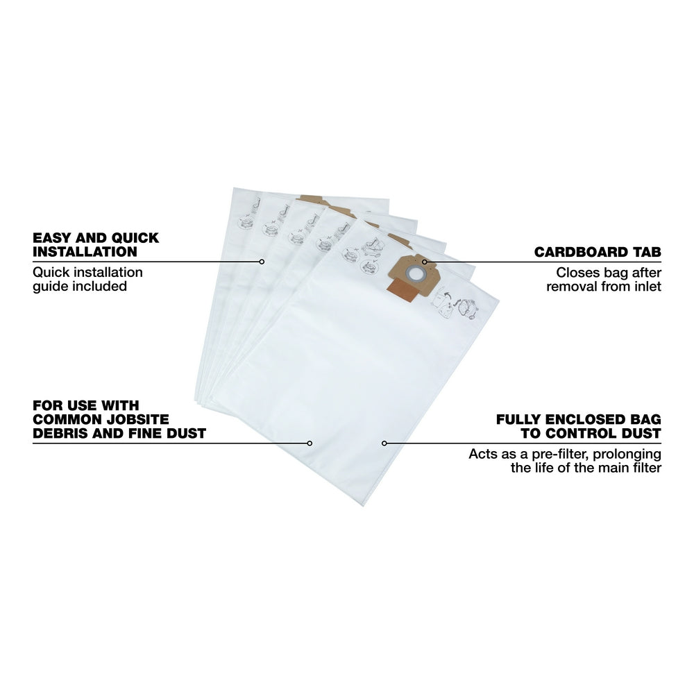 Pack of white fleece dust bags with brown cardboard tabs and inlet connections for Milwaukee vacuums.