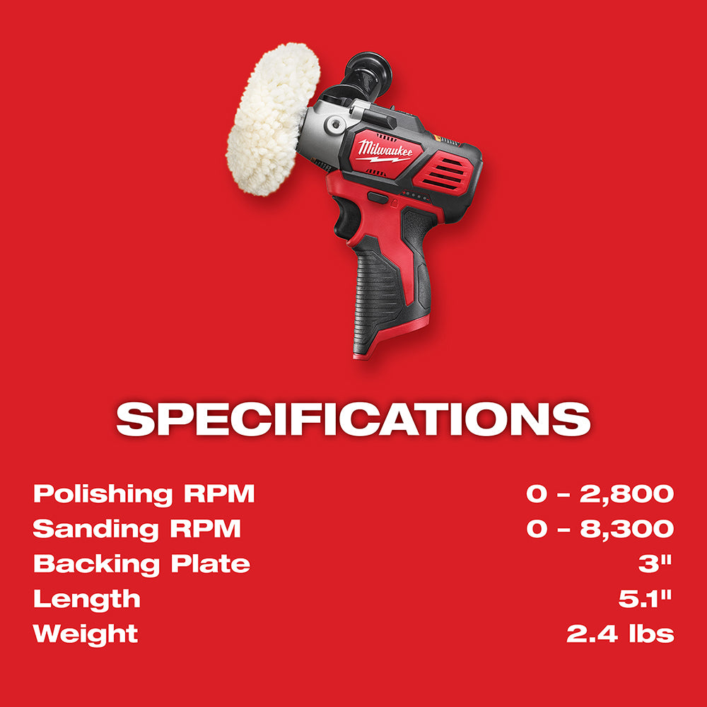 Red and black Milwaukee cordless polisher/sander with white wool buffing pad attached.