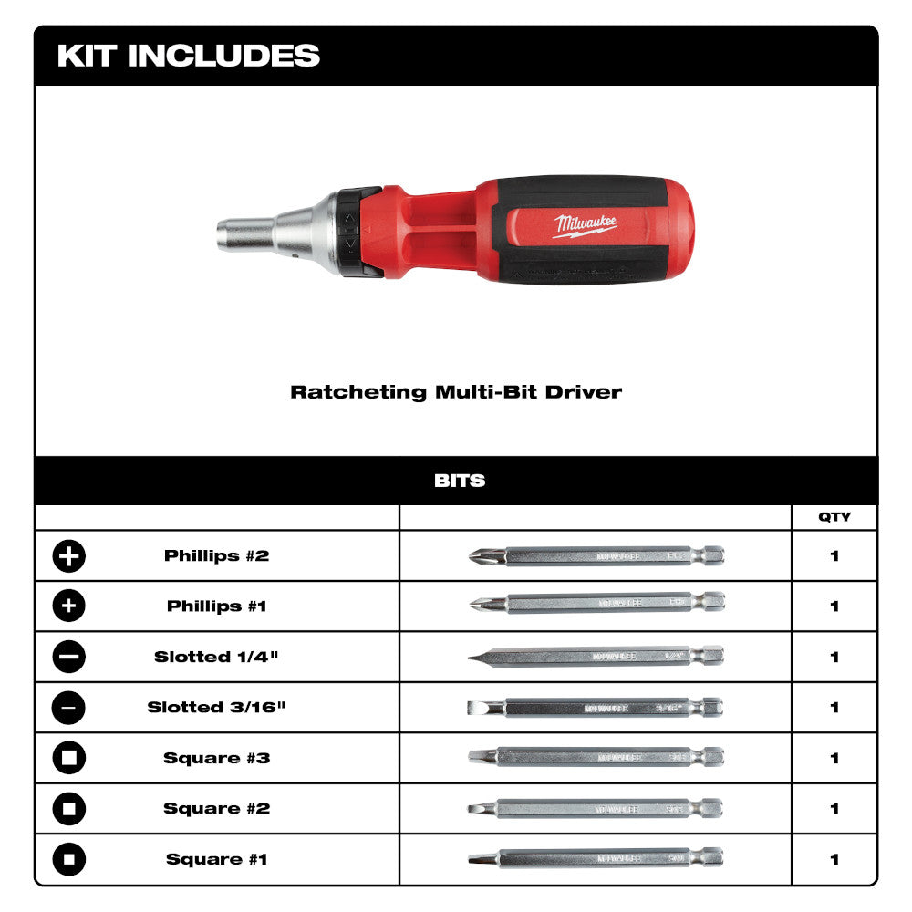 Red and black ratcheting multi-bit driver with seven interchangeable bits including Phillips, slotted, and square drive heads