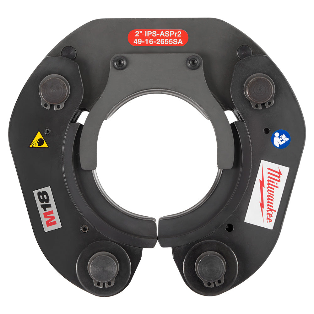 Milwaukee 2" IPS-ASP press ring with four circular jaw clamps positioned at cardinal points on black metal body.