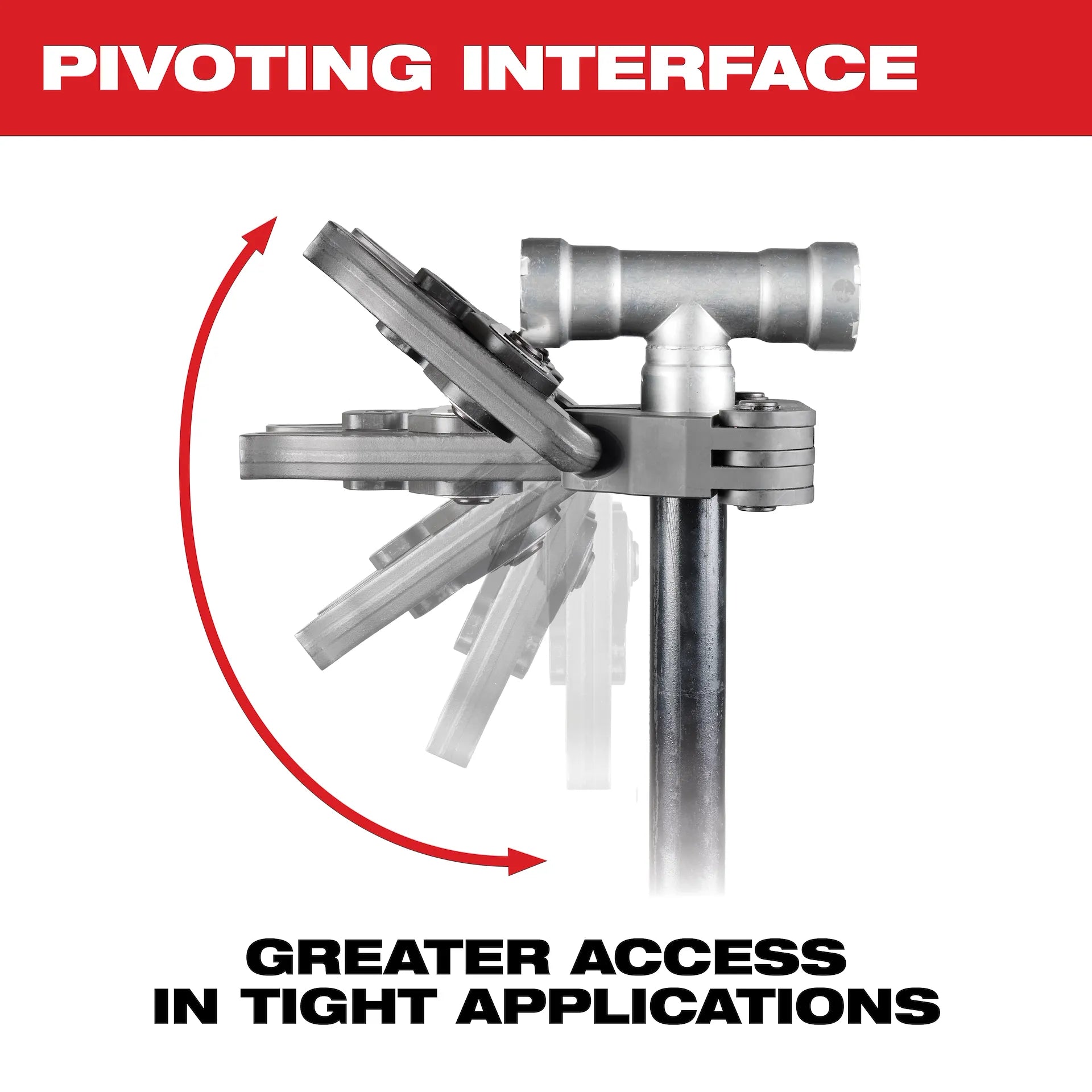 Pivoting press ring kit mounted on vertical shaft with rotating metal jaws and pipe adapter, demonstrating range of motion.