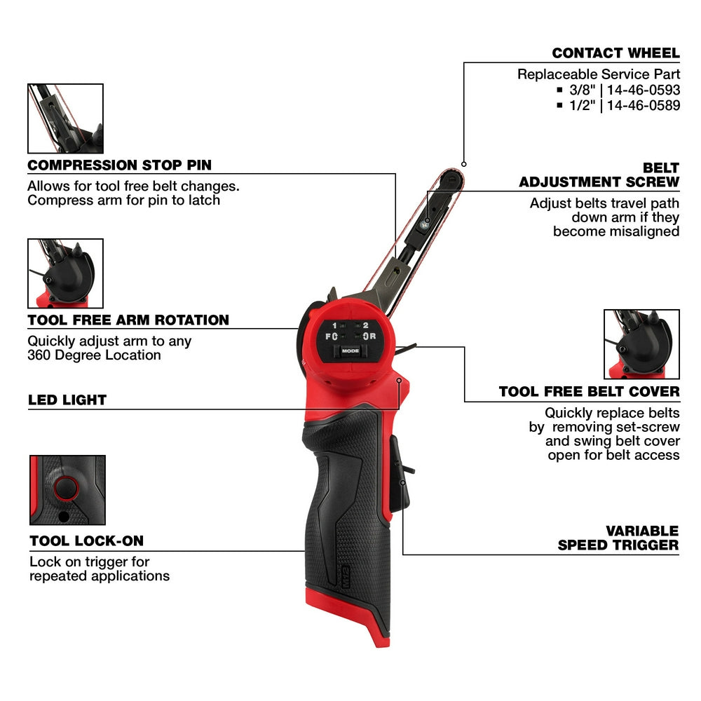 Red and black Milwaukee M12 FUEL bandfile with labeled features including variable speed trigger, tool-free belt cover, and r