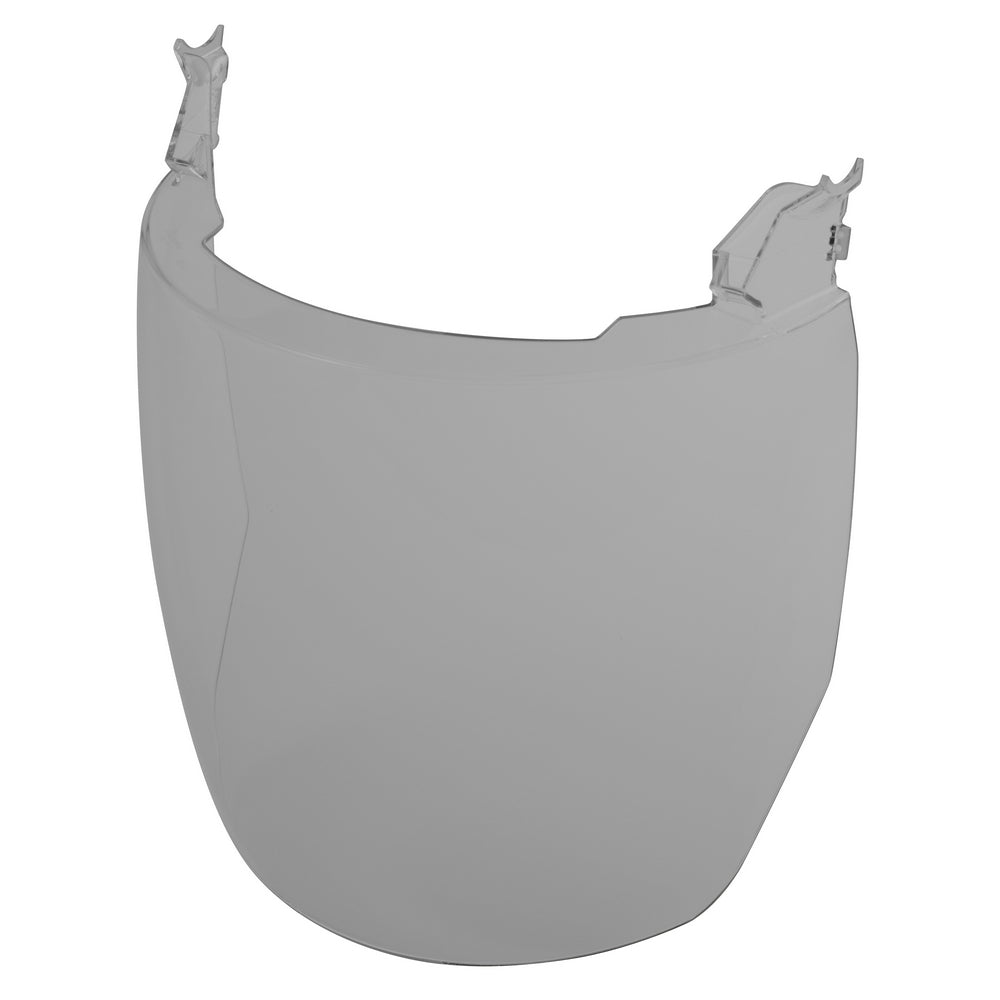 Gray curved face shield lens with mounting clips for no-brim helmet attachment.