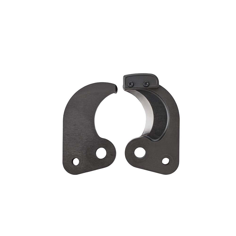 Two black metal curved blades with mounting holes, designed for underground cutting applications.