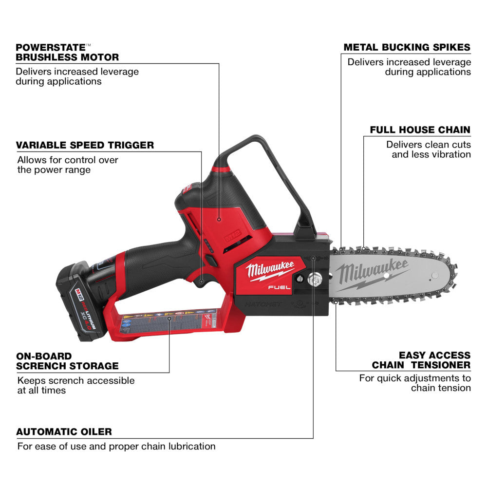 Milwaukee M12 FUEL cordless pruning saw with red and black body, 6-inch chain bar, variable speed trigger, and battery pack a