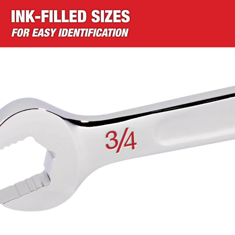 Silver ratcheting combination wrench with open end and ratchet head, marked with red ink-filled "3/4" size indicator.