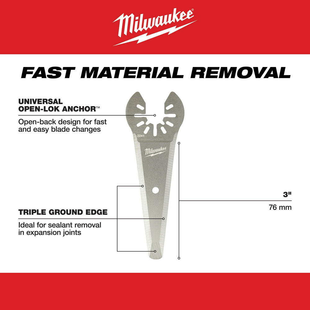 Milwaukee OPEN-LOK tapered sealant cutting blade with triple ground edge and open-back anchor design, 3 inches long.