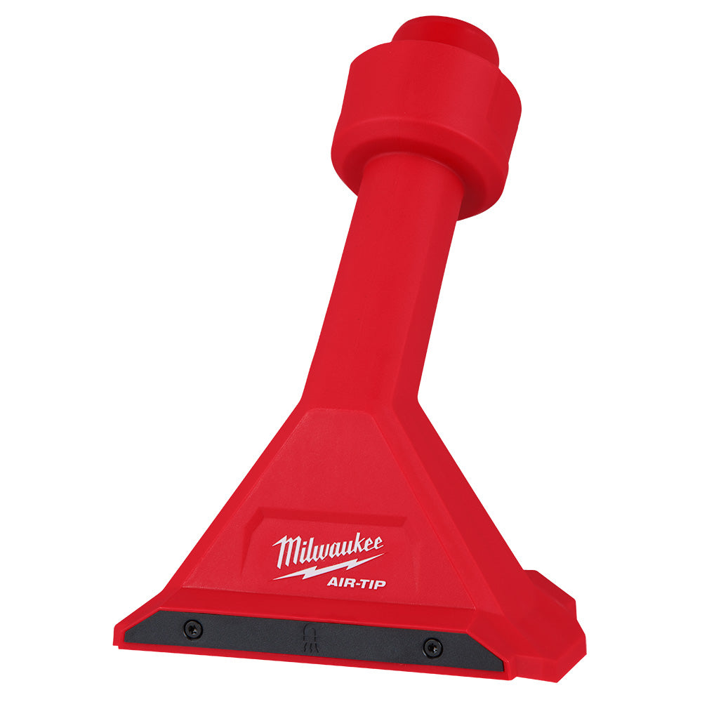 Red plastic utility nozzle with black base strip and rounded head attachment, branded Milwaukee AIR-TIP.