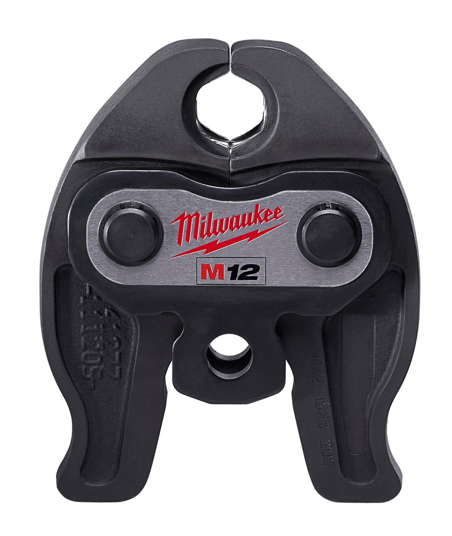 Black and gray Milwaukee M12 press jaw with hexagonal opening at top and two side handles for tool attachment.