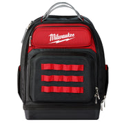 Black and red Milwaukee jobsite backpack with red tool straps, gray handles, and multiple zippered compartments.