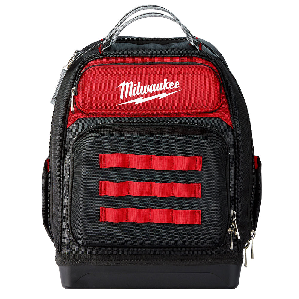 Black and red Milwaukee jobsite backpack with red tool straps, gray handles, and multiple zippered compartments.