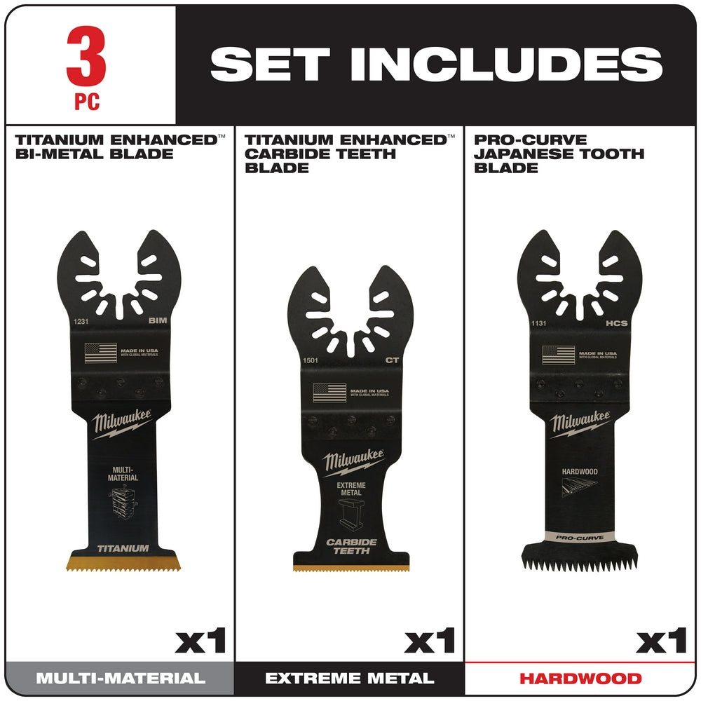 Three black Milwaukee oscillating saw blades: titanium bi-metal, carbide tooth, and Japanese tooth designs with colored cutti