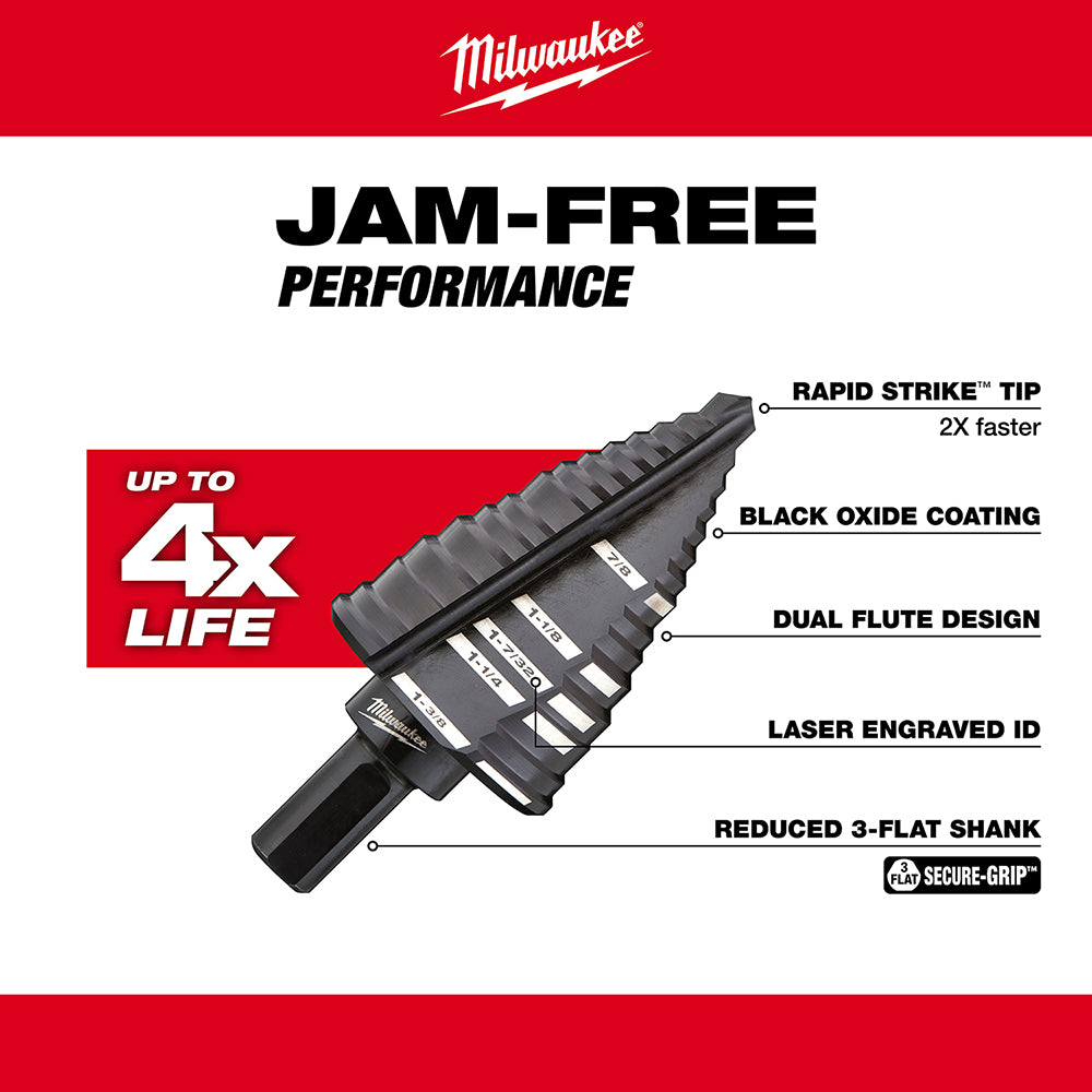 Black Milwaukee step drill bit with Rapid Strike tip, dual flute design, and 3-flat shank shown on labeled product specificat