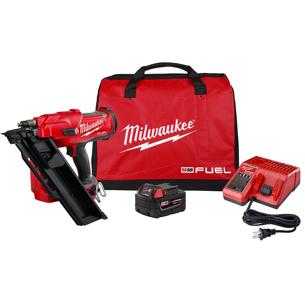 Milwaukee M18 FUEL 30-degree framing nailer kit with red carrying bag, battery, charger, and power cord.