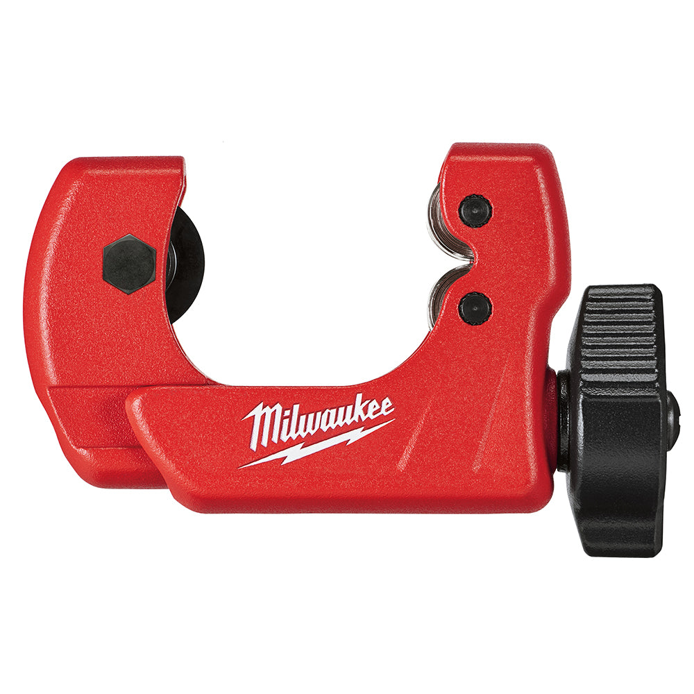 Red and black Milwaukee mini copper tubing cutter with adjustment wheel and cutting head.