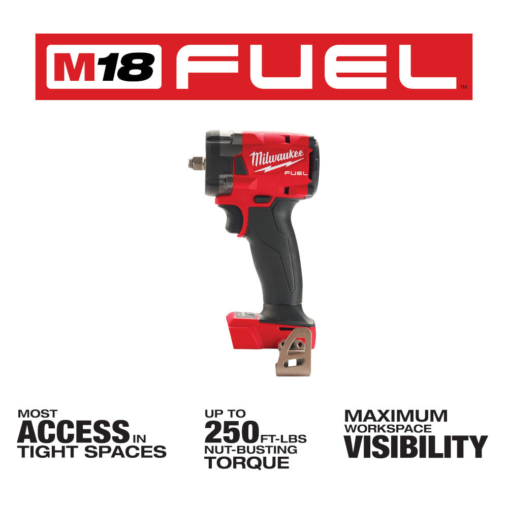 Red and black Milwaukee M18 FUEL compact impact wrench with friction ring tool attachment and grip handle.