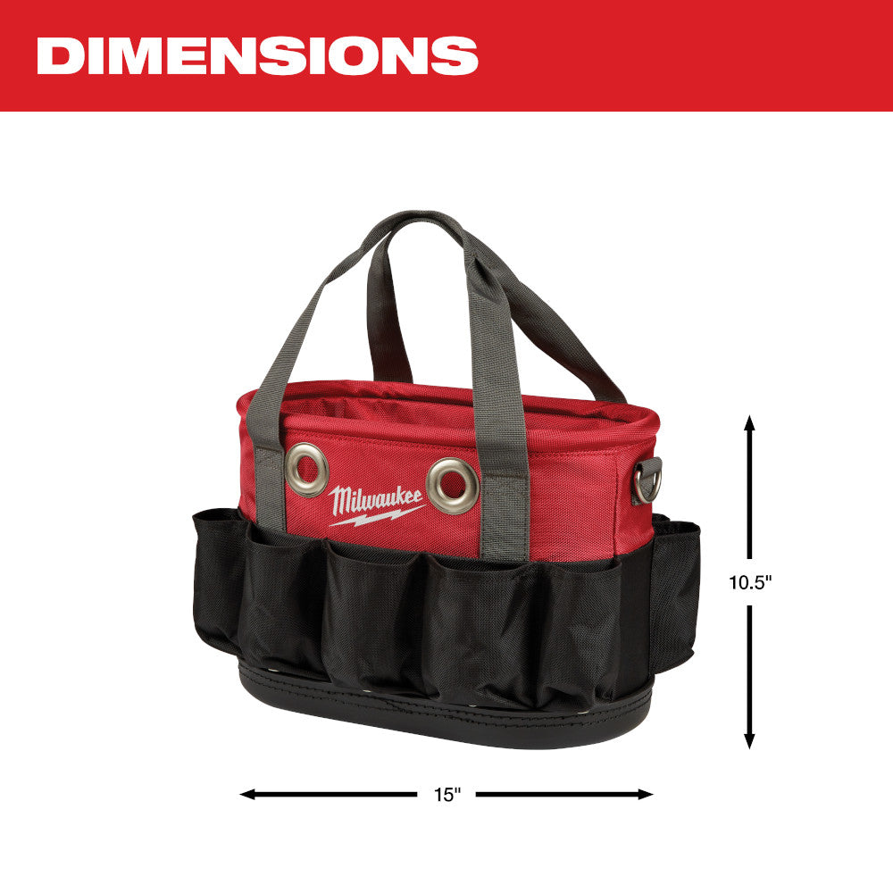 Red and black Milwaukee tool bag with dual handles and multiple exterior pockets, 15" wide by 10.5" tall.