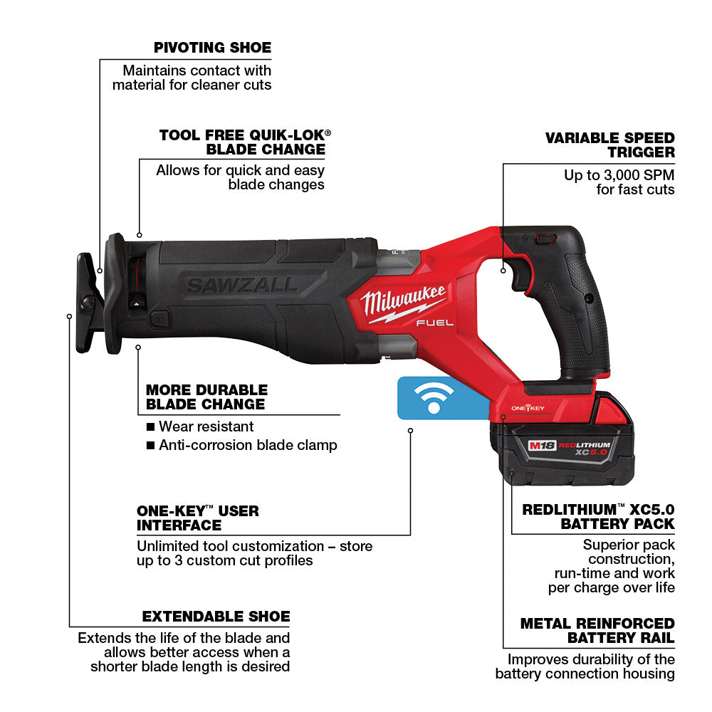 Red and black Milwaukee M18 FUEL reciprocating saw with variable speed trigger, pivoting shoe, and attached REDLITHIUM XC5.0 