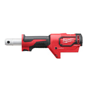 Red and black Milwaukee M18 cordless crimper with metal jaw attachment and ONE-KEY button on side.