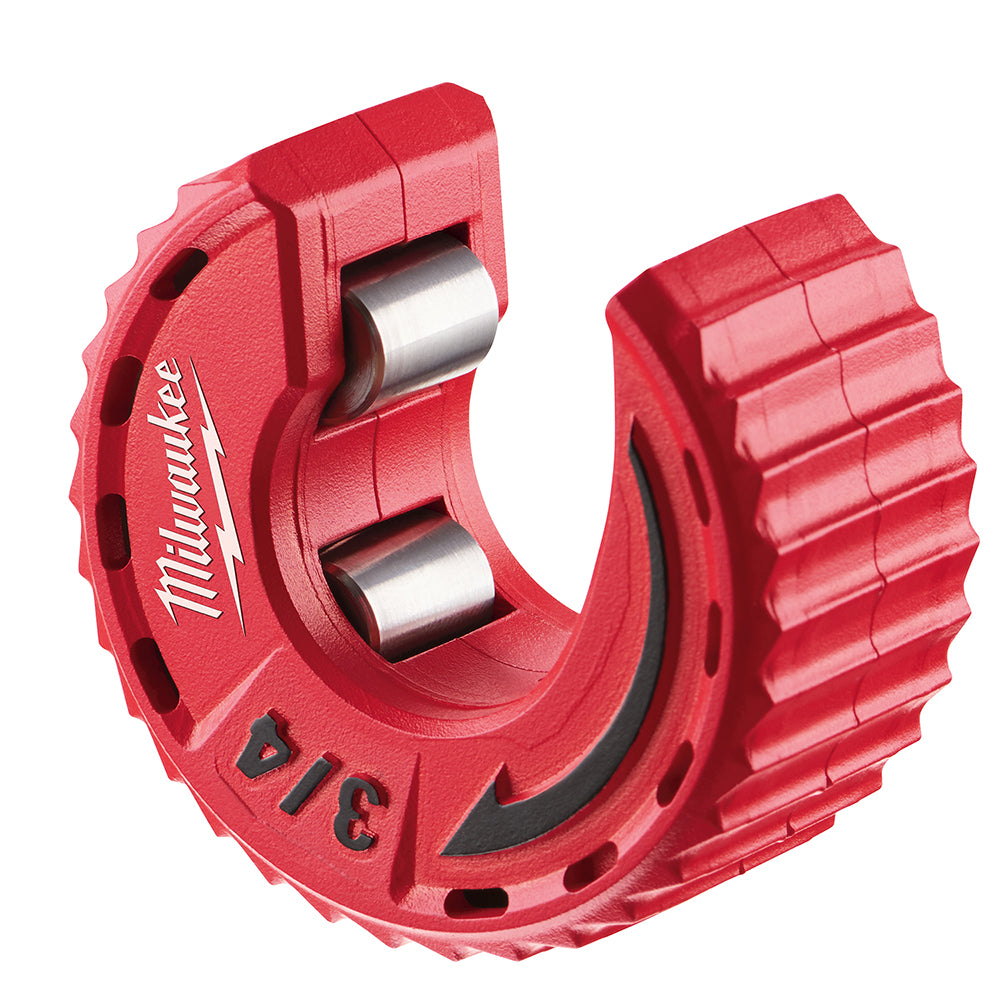 Red tubing cutter with two metal cutting wheels, ergonomic grip handles, and "Milwaukee" branding on the body.