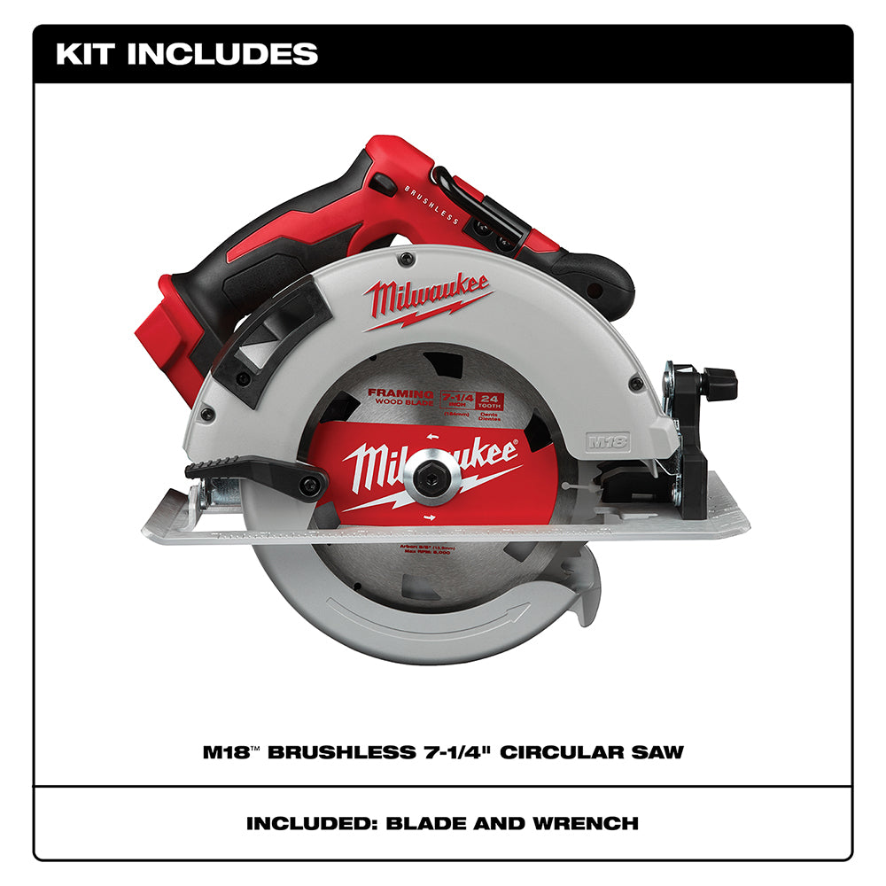 Milwaukee M18 brushless 7-1/4 inch circular saw with red and black housing, gray base plate, and circular blade.