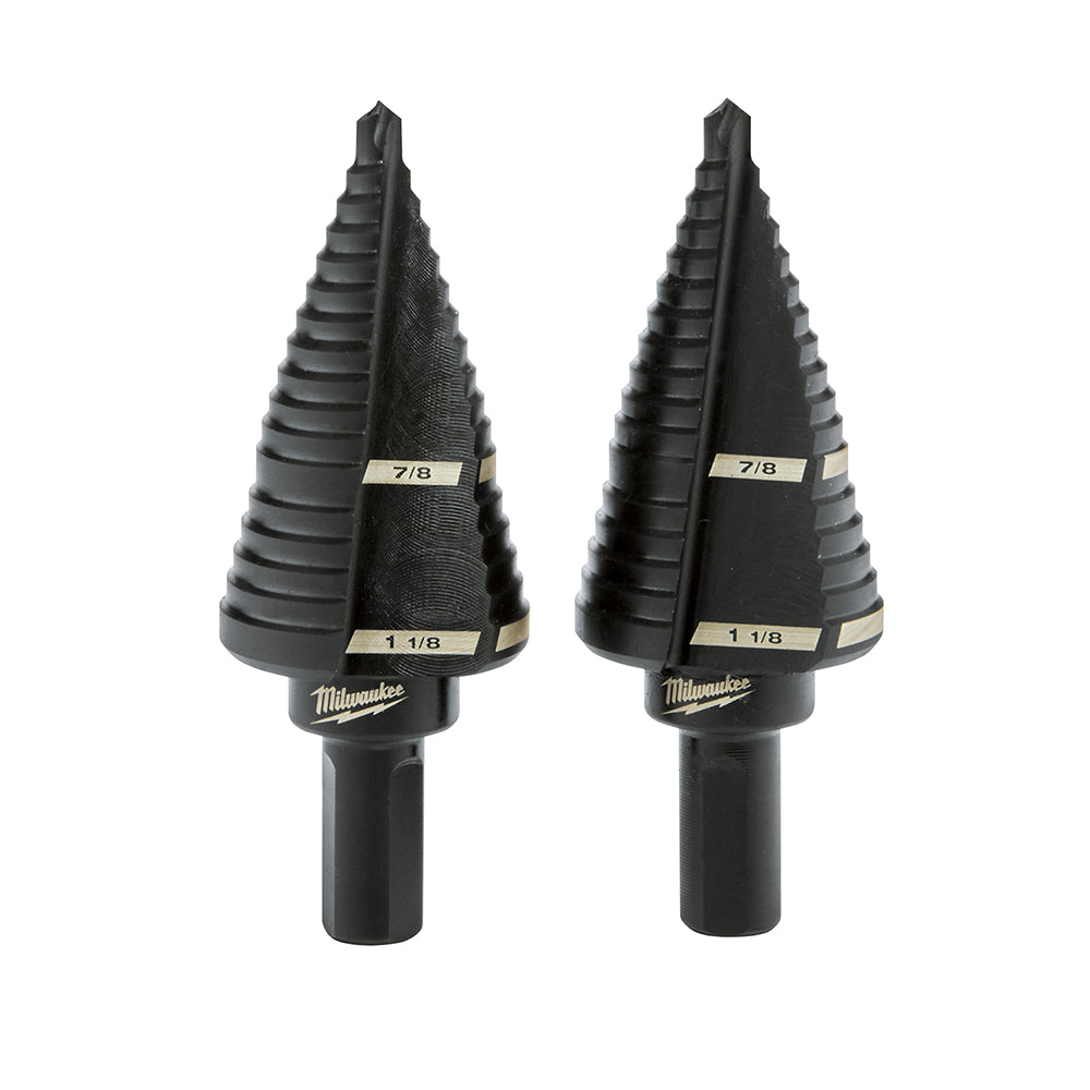 Two black Milwaukee step drill bits with multiple stepped cutting edges and size markings on the bands.