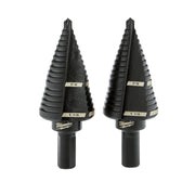 Two black Milwaukee step drill bits with multiple stepped cutting edges and size markings on the bands.