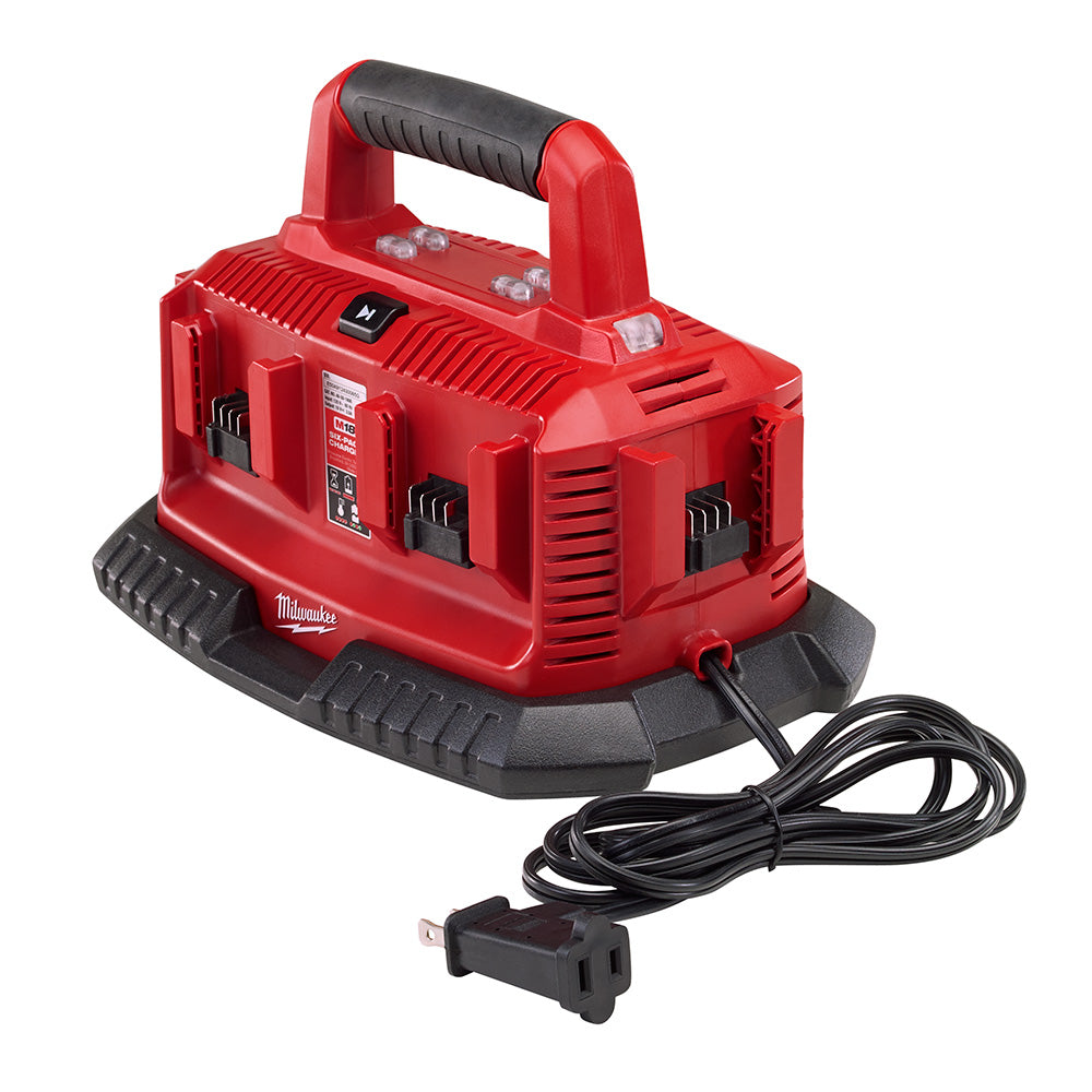 Red M18 six-pack sequential charger with black rubber handle and power cord, featuring multiple charging slots.
