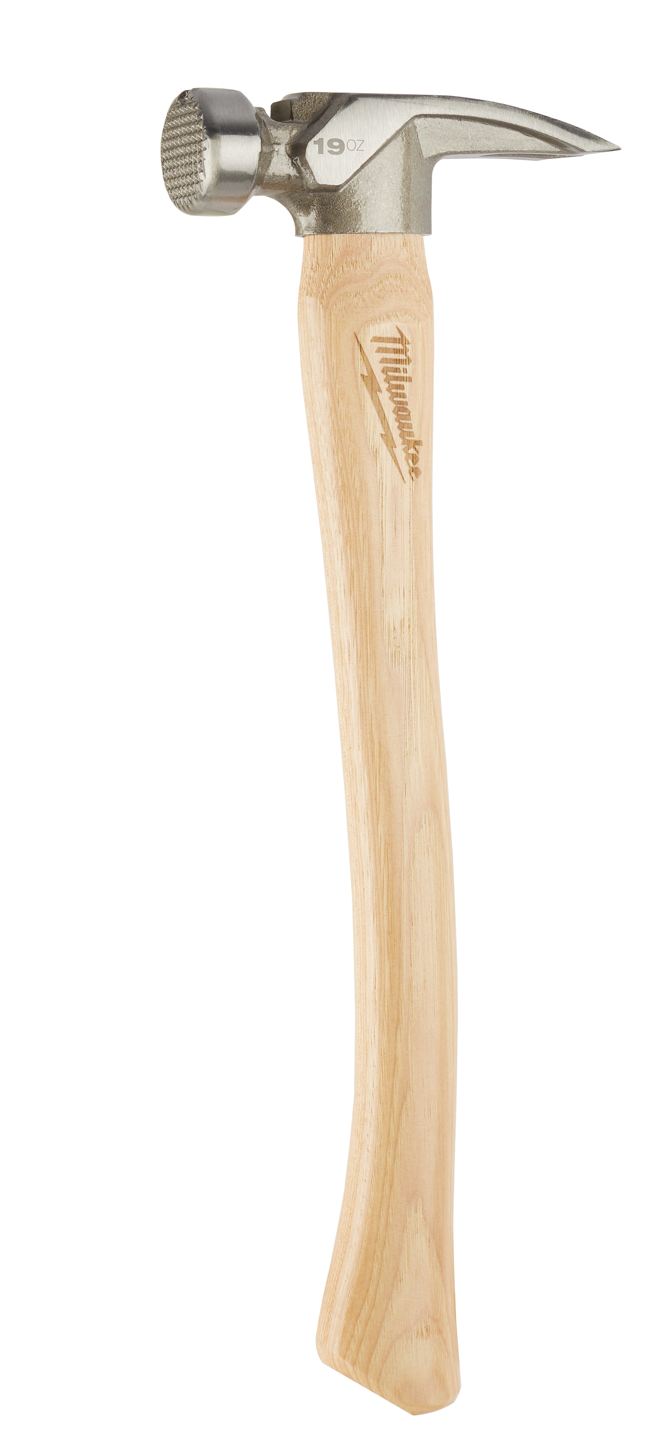 19oz framing hammer with milled steel head, claw, and round striking face on hickory wood handle.