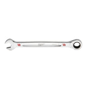 Silver 1/2 inch SAE ratcheting combination wrench with open end on left and ratchet socket end on right.