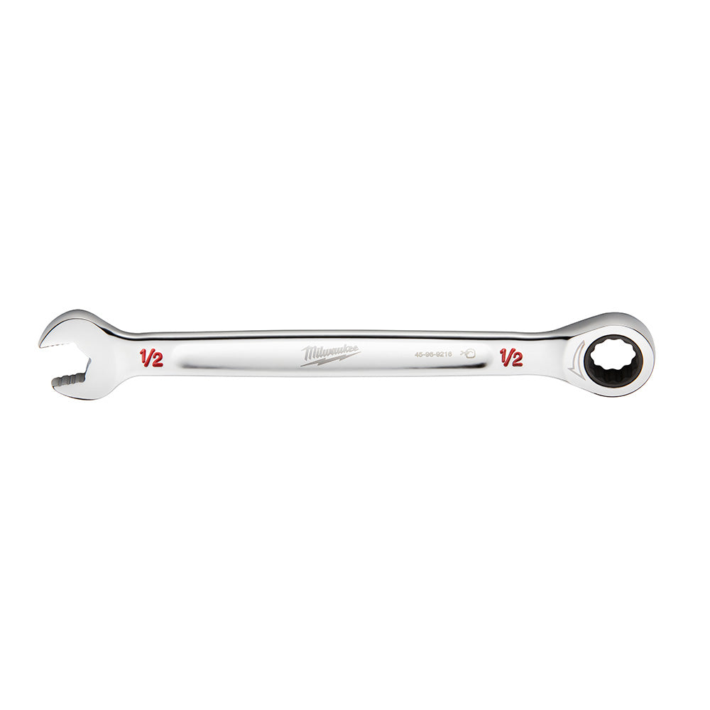 Silver 1/2 inch SAE ratcheting combination wrench with open end on left and ratchet socket end on right.
