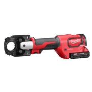 Milwaukee M18 FORCE LOGIC 600 MCM crimper with red and black body, open jaw head, and attached lithium battery pack.