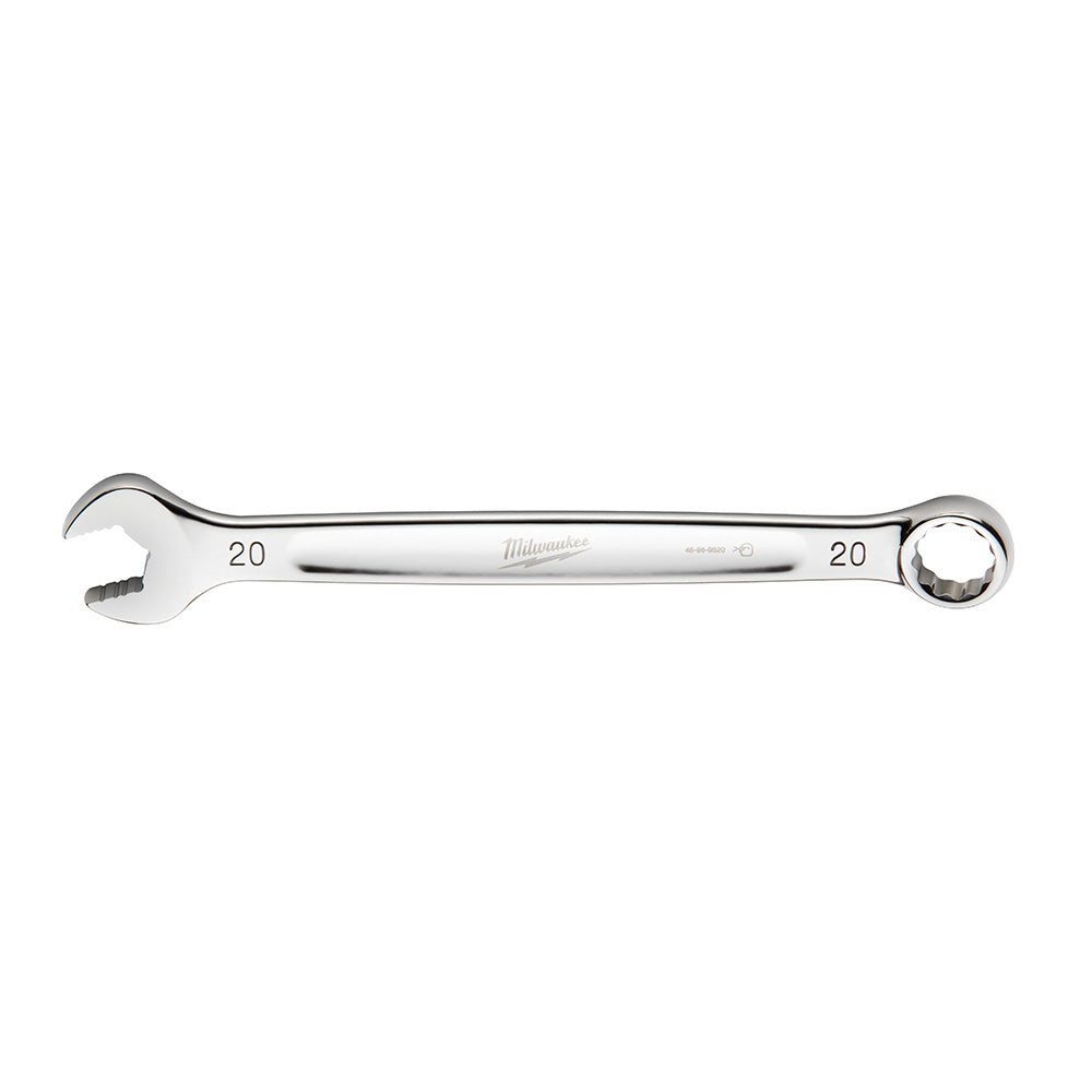 Silver 20MM combination wrench with open end on left side and circular ring end on right side.