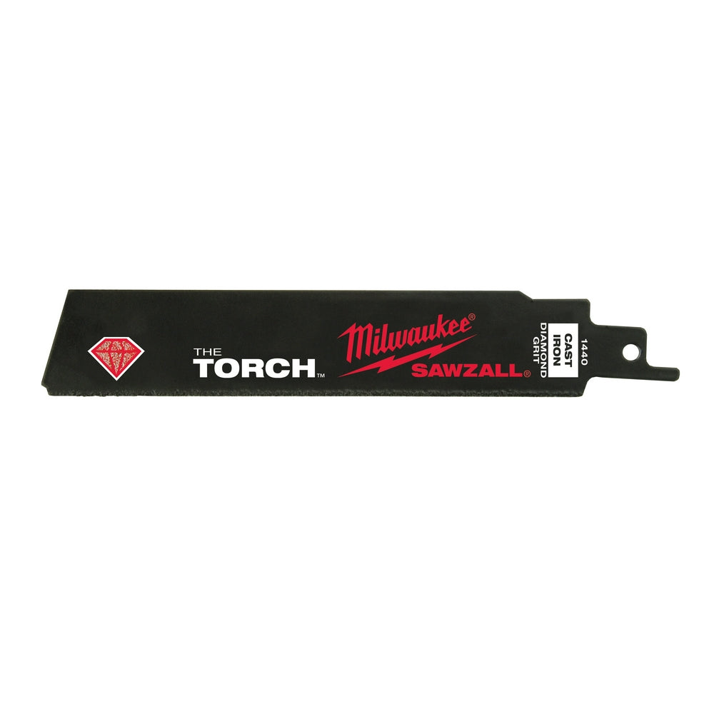 Black Milwaukee THE TORCH SAWZALL blade with diamond grit coating and mounting hole at end.