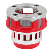 Milwaukee 2" aluminum die head with red and silver components, visible threading dies and mounting holes.