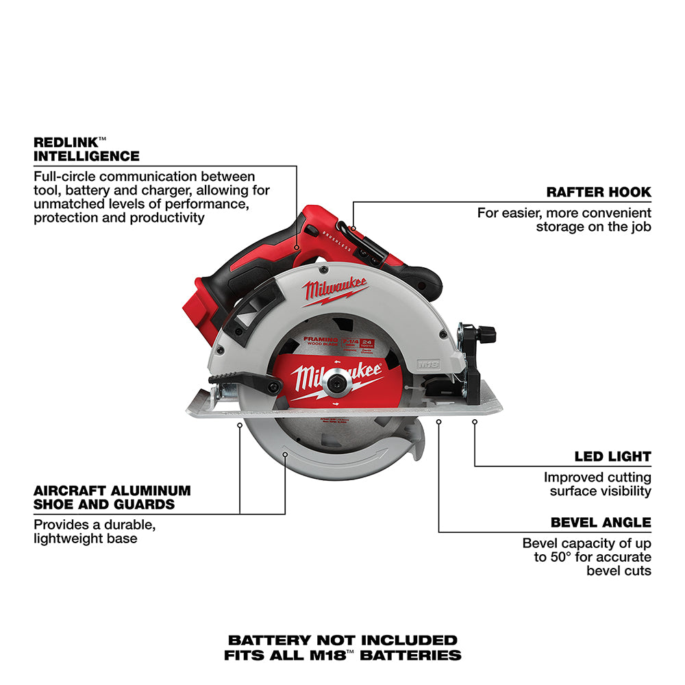 Red and black Milwaukee brushless circular saw with gray aluminum base, front-facing view showing blade, motor housing, and h