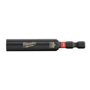 Black cylindrical Milwaukee magnetic drive guide with red band and hex bit attachment on white background.