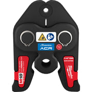 Black and red Milwaukee ACR press jaw with two circular clamping surfaces and mounting hole, labeled 1/4" OD.