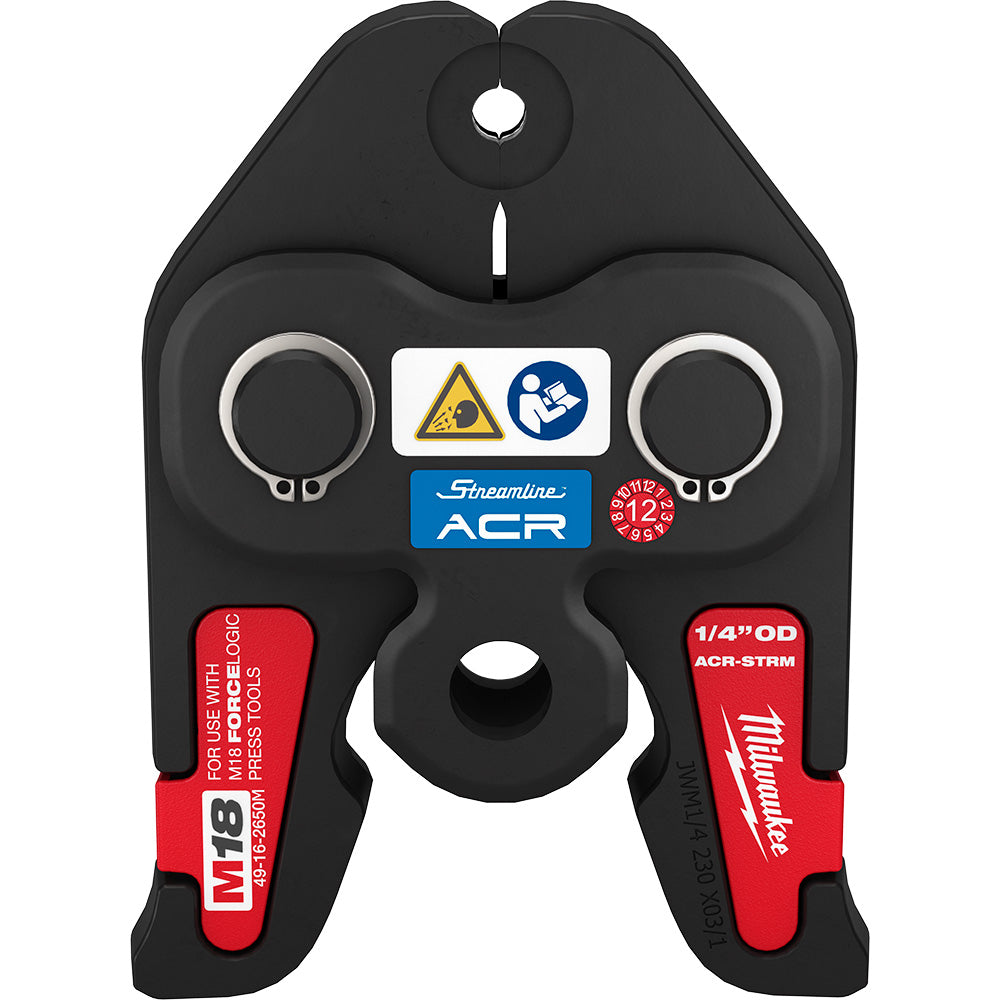 Black and red Milwaukee ACR press jaw with two circular clamping surfaces and mounting hole, labeled 1/4" OD.
