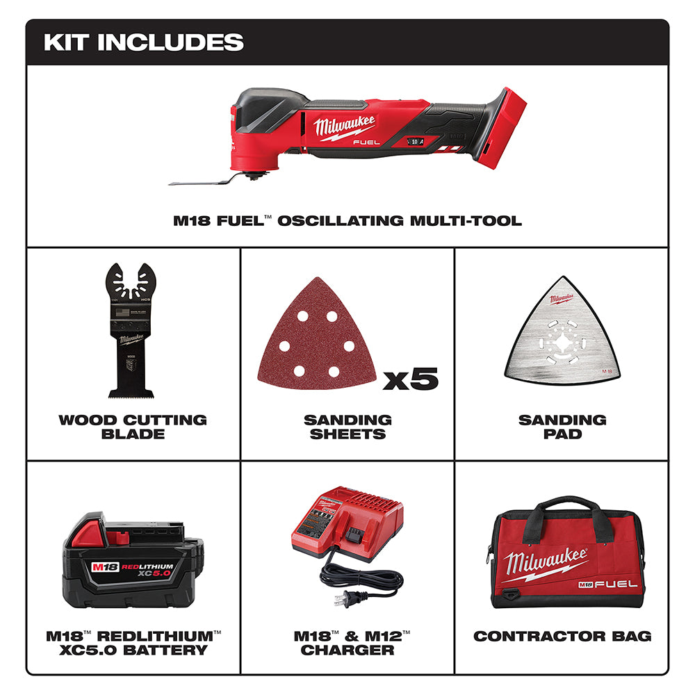 Milwaukee M18 FUEL oscillating multi-tool with wood cutting blade, sanding sheets, sanding pad, battery, charger, and contrac