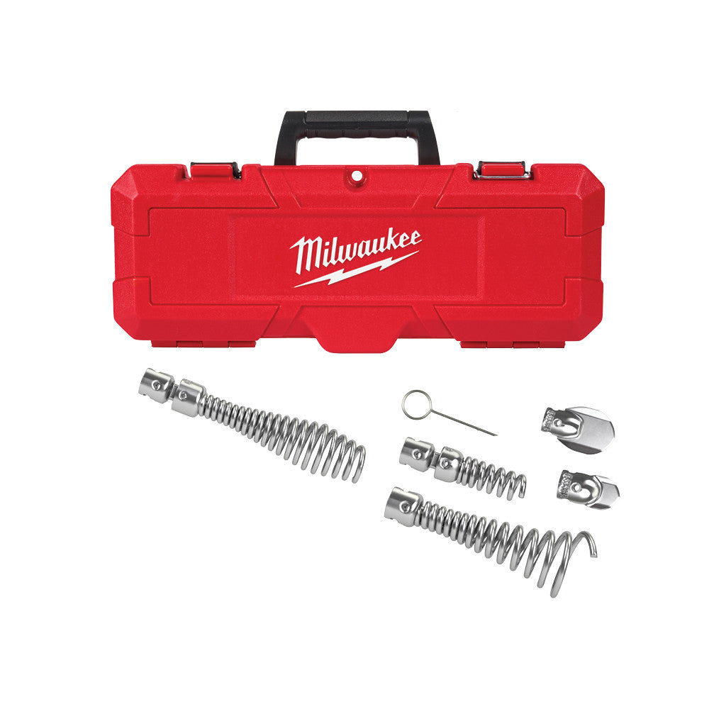 Milwaukee drain cleaning head attachment kit with three coiled cables, two metal heads, one pin, and red carrying case with b