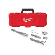 Milwaukee drain cleaning head attachment kit with three coiled cables, two metal heads, one pin, and red carrying case with b