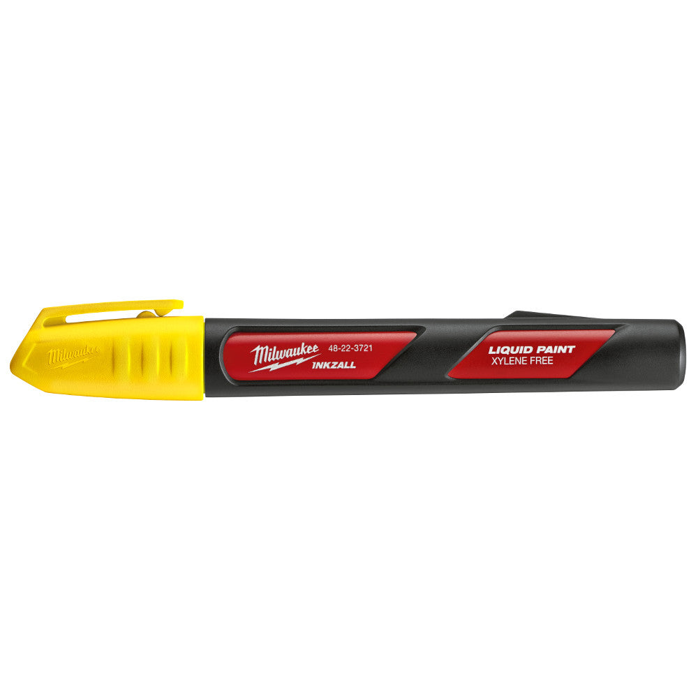 Yellow and black Milwaukee INKZALL paint marker with red accents and liquid paint tip.