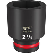 Black Milwaukee deep socket with 1" drive, 2-1/4" length, hexagonal opening, and red grip band at base.