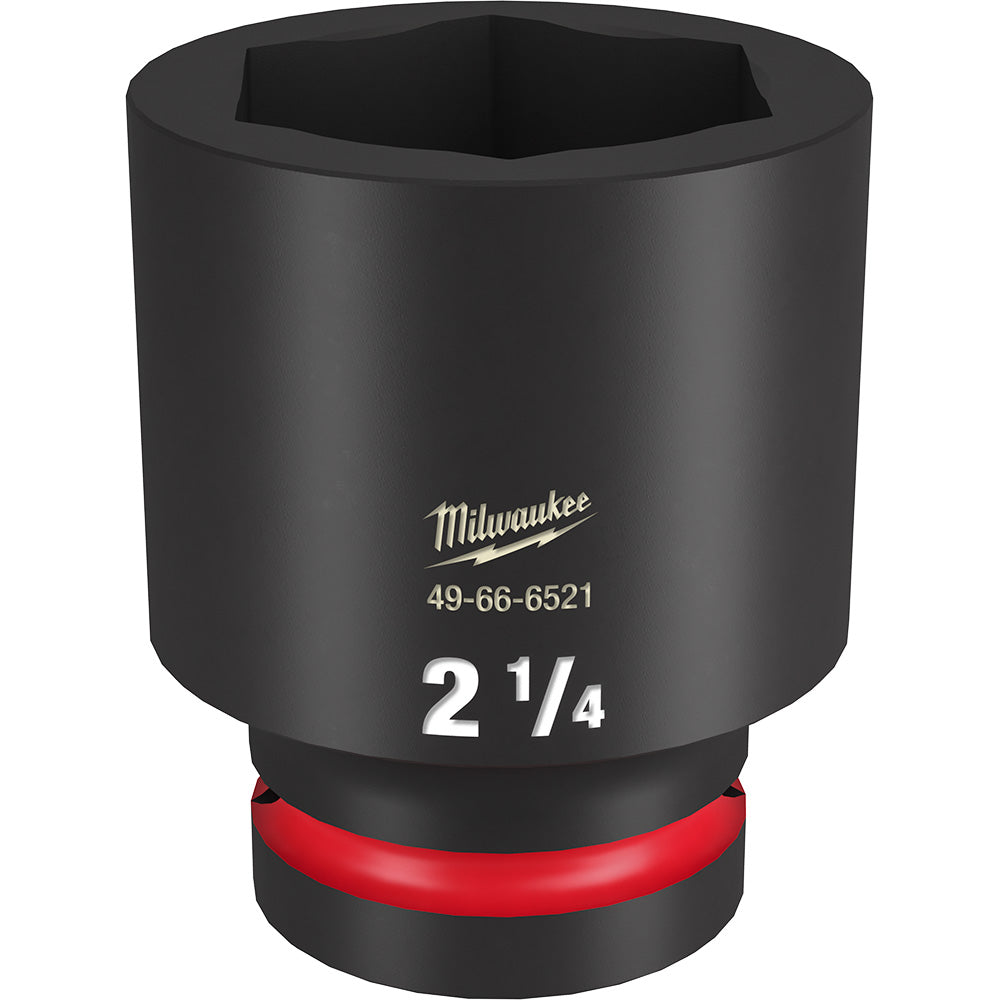 Black Milwaukee deep socket with 1" drive, 2-1/4" length, hexagonal opening, and red grip band at base.