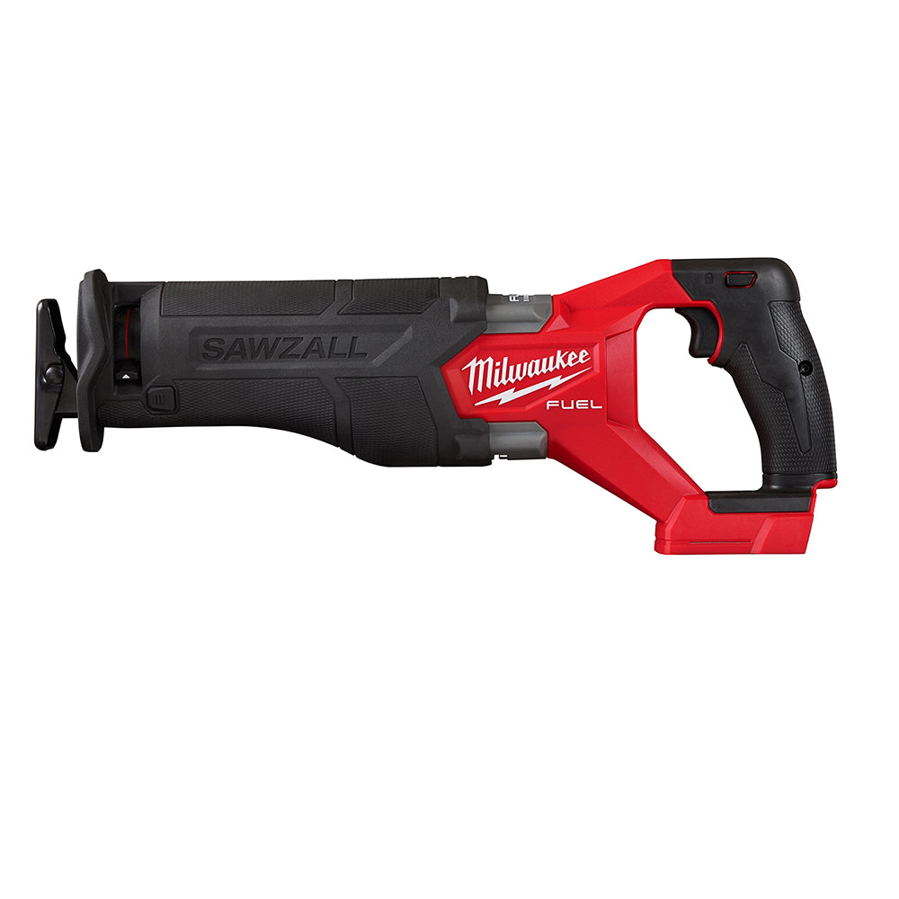 Milwaukee M18 FUEL reciprocating saw with red and black body, black grip handle, and blade on left side.