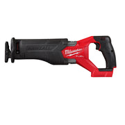 Milwaukee M18 FUEL reciprocating saw with red and black body, black grip handle, and blade on left side.