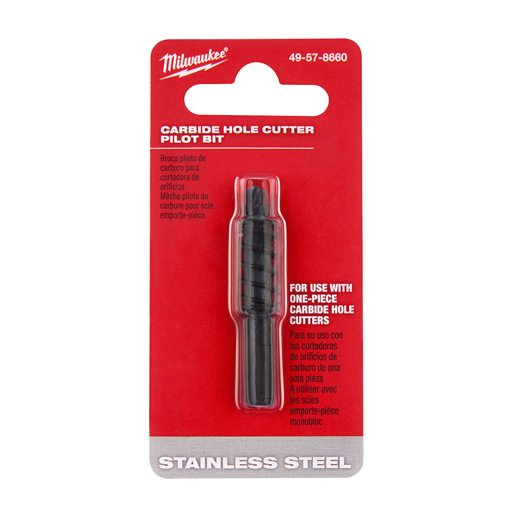 Black carbide pilot bit with fluted design, mounted on red Milwaukee packaging with model number 49-57-8660.