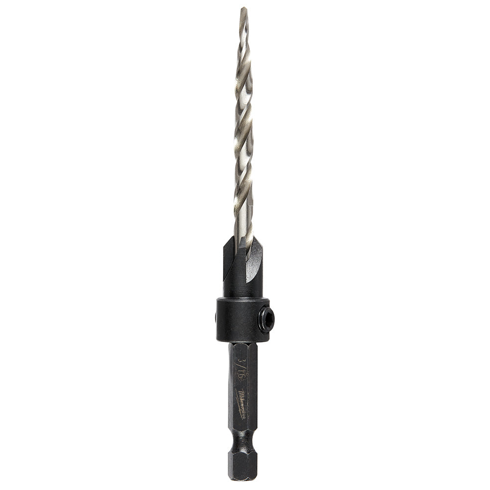 Metal countersink bit with conical cutting head and spiral flute drill shaft mounted on black holder.